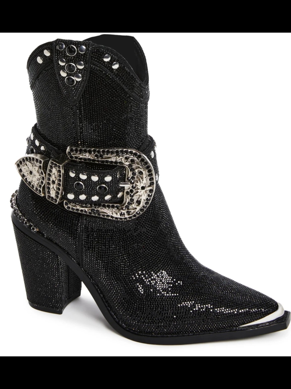 Black Sparkle Western Ankle Boot with Decorative Buckle